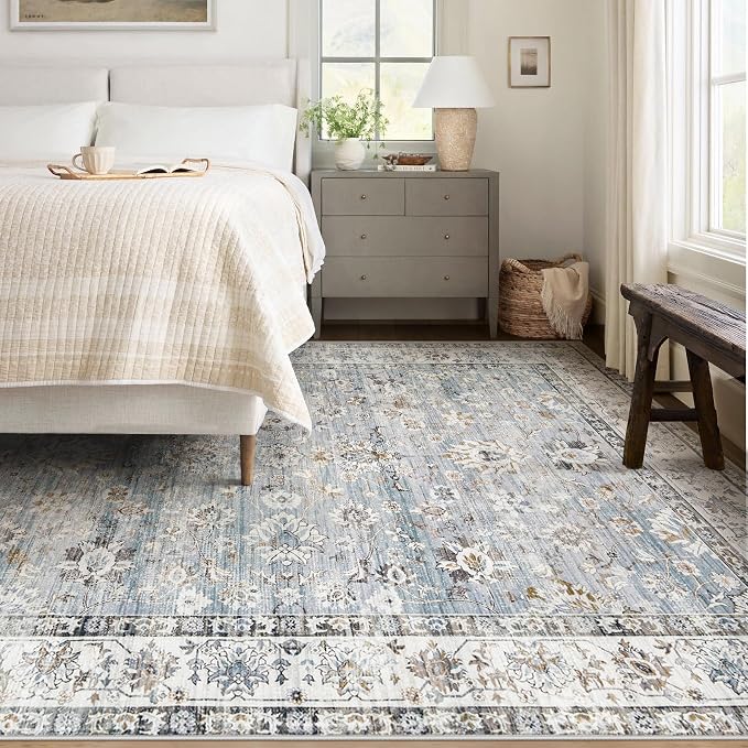 XLUEZ Area Rug 5x7 Living Room Rug, Machine Washable Vintage Distressed Boho Area Rug Non-Slip Soft Low Pile Large Indoor Rugs for Bedroom Kitchen Dining Room Office(Light Blue,5'x7')