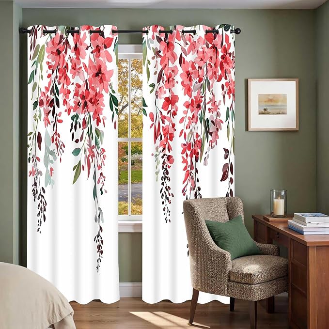 Red Watercolor Floral Curtains, Botanical Leaves Vine Flowers Curtain, Rustic Farmhouse Flower Leaf Blackout Window Treatment Drapes for Bedroom Living Room 42x72 inch, 2 Panels