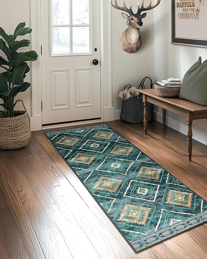 BESTSWEETIE Area Rug 2x6 Rug Machine Washable Non-Slip Low Pile Print Pattern Western Rug for Living Room Bedroom Entryway Tribal Series -Teal/Green