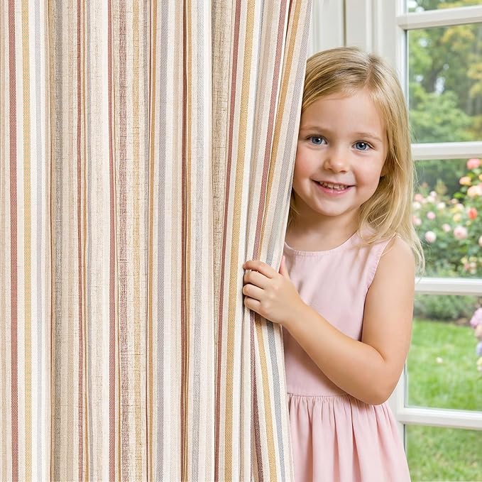 jinchan Linen Curtains 84 inch Red Stripe for Kids Room Grommet 2 Panels | Kids Curtains for Nursery Living Room Bedroom Baby Boys Room,Cute Colorful Ticking Stripe,Cottagecore Rustic,Light Filtering