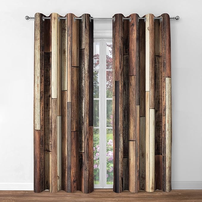 Jekeno Rustic Wooden Blackout Curtains Brown Wood Hardwood Floor Plank Board Door of Farmhouse Village Rural Lodge Retro Decor for Bedroom Living Room Grommet Window Drapes 2 Panel Set, 42"x63"