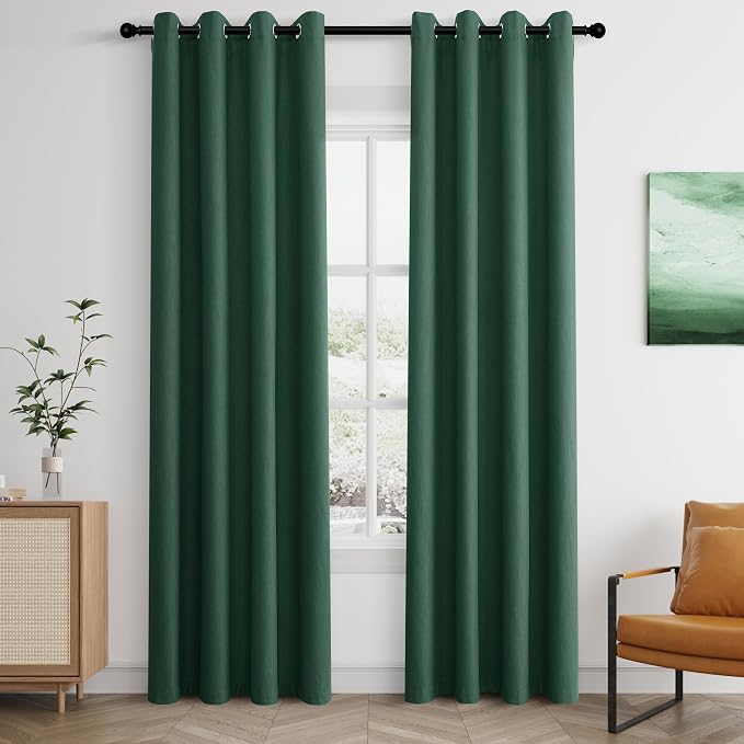 Jowels Green Linen Blackout Curtains 84 Length 2 Panels Set for Living Room Bedroom, 100% Black Out Thermal Insulated Linen Drapes, Room Darkening Grommet Curtains 84 Inches Long, Green
