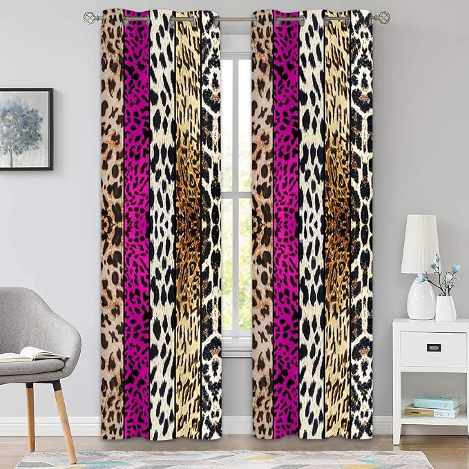 Wild Animal Print Curtain, Room Darkening Thermal Insulated Blackout Leopard Boa Window Drapes with Grommets for Living, Dining, Bedroom, Hot Pink Leopard Print, 52"x 90", 2 Panels
