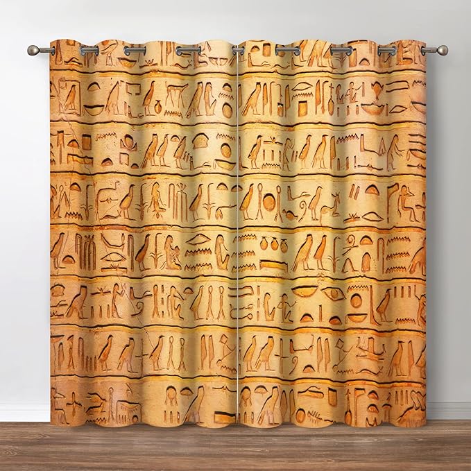 Jekeno Ancient Egyptian Blackout Curtains - Retro Murals and Hieroglyphs Vintage Egypt Theme Print Decor Home Bedroom Living Room Darkening Grommet Window Drapes 2 Panel Set,42"x63"