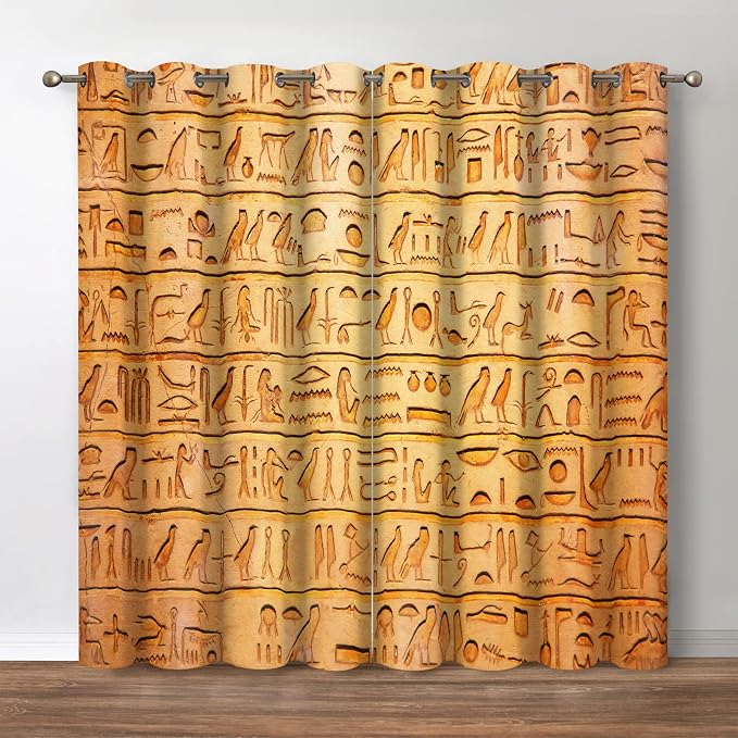 Jekeno Ancient Egypt Blackout Curtains - Vintage Egyptian Murals Hieroglyphs Theme Print Retro Decor Home Bedroom Living Room Darkening Grommet Window Drapes 2 Panel Set,52" x 84"