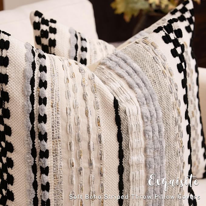 Boho Chenille Tufted Throw Pillow Covers 18x18 Inch Set of 2 Farmhouse Black Woven Striped Decorative Pillowcases for Couch Sofa Bed
