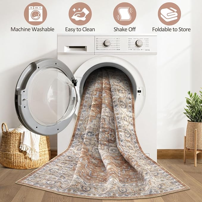7x9 Area Rug Living Room: Washable Boho Large Neutral Vintage Soft Rug Stain Resistant Farmhouse Non-Slip Indoor Floor Carpet for Bedroom Nursery Kids Playroom Office Dining Room- Terracotta