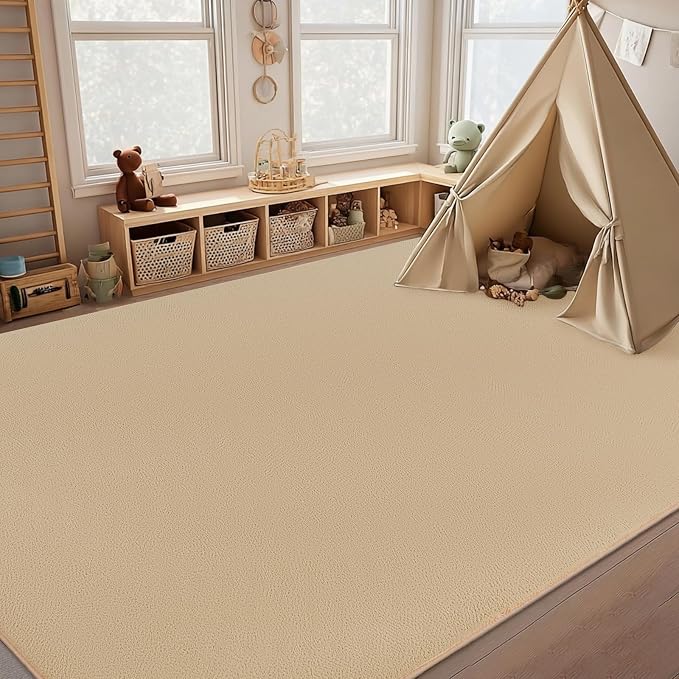 qulint 8x10 Rug for Living Room, Tan Carpet for Bedroom Modern Washbale Area Rug with Thickened Memory-Foam, Minimalist Solid Non Slip Large Carpet for Kid Room Dorm Classroom Home Decor