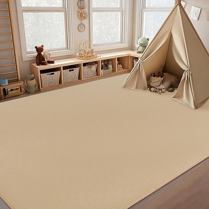 qulint 5x8 Washable Area Rug for Bedroom, Farmhouse Tan Nursery Rug with Thickened Memory-Foam Soft Washable Living Room Carpet, Minimalist Solid Non Slip Carpet for Kid Room Dorm Home Decor