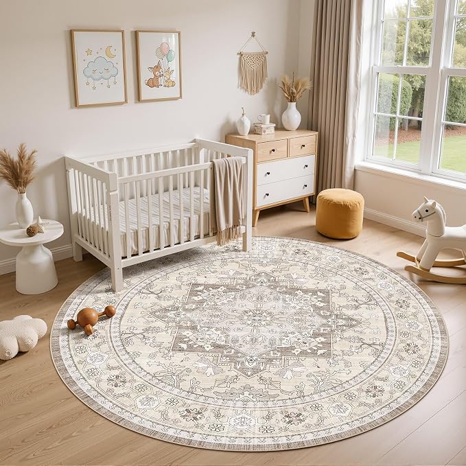 8ft Round Area Rug: Washable Vintage Neutral Soft Non Slip Thin Large Floor Carpet for Living Room Bedroom Kitchen Dining Room Home Office Farmhouse Indoor - Brown