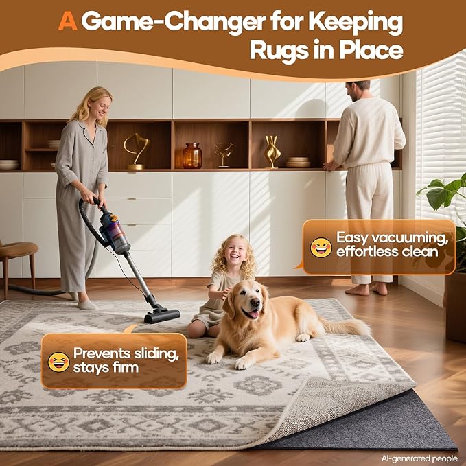 Veken Non Slip Cushioned Rug Pad Gripper 8 x 10 Ft, Felt and Silicone Backing, 1/8 inch Thick, Carpet Liner Protector Mat for Area Rugs and Hardwood Floors, with Over 99 Pcs Anti-Slip Strips Pattern