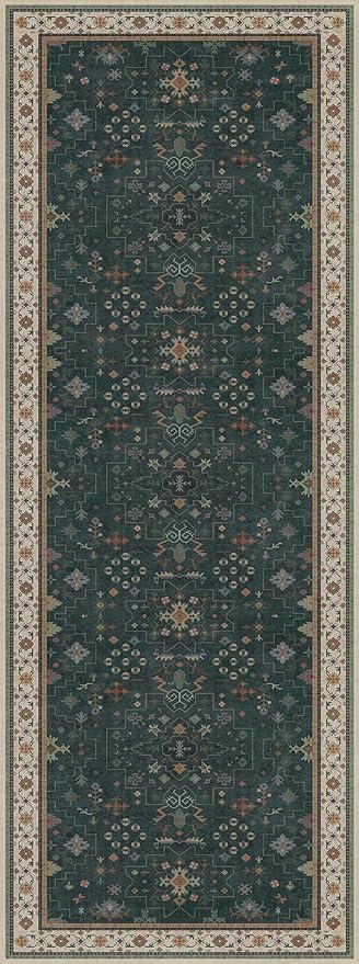 Dark Green 3x8 Wide Hallway Runner Rug - Modern Vintage Boho Floral Moody, Washable Low Pile Non-Slip Area Rugs for Large Entryway, Door Mat Indoor Entrance, Kitchen, Bedroom Beside Bed