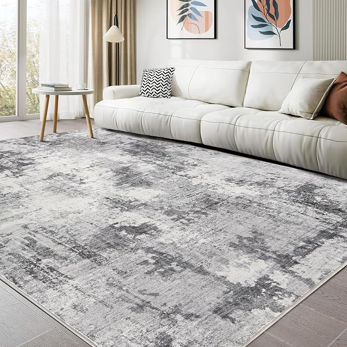 Abstract 9x12 Area Rug: Machine Washable Non Slip Ultra Thin Low-Pile Carpet, Soft Stain Resistant for Living Dining Room Bedroom, Kid Pet Friendly, Robot Vacuum Compatible - Grey