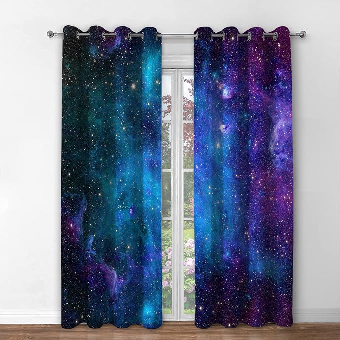 Jekeno Galaxy Blackout Curtain Outer Space Nebula Universe Stars Starry Sky Night Dark Blue Printed Grommet Window Drapes Galaxy Decor for Kids Bedroom Living Room 2 Panel Set, 42"x63"