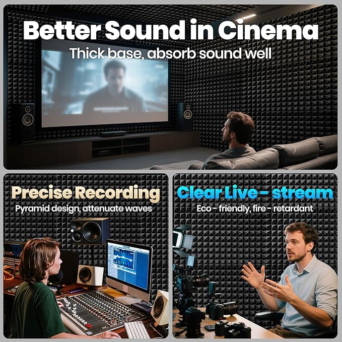 Focusound White Acoustic Panels 50 Pack 2"x12"x12" with 300 PCS Double-Side Adhesive - Sound Proof Pyramid Foam for Walls, Home Studio Noise Absorption & Echo Control Kit