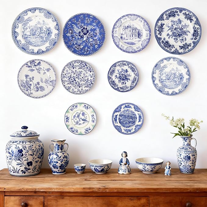 10 Pcs Coastal Vintage Ceramic Wall Plates Set, Blue and White Decoration Hanging Plates with Botanical Patterns, Holland Vintage Gifts for Wall, Home Office Art Ornament(Retro)