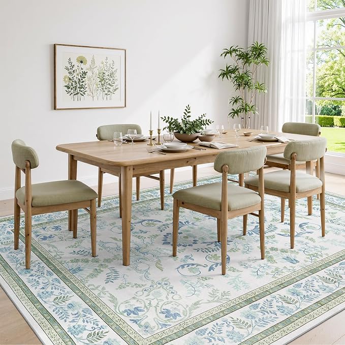 DCX Green 6x9 Rug, Kid & Pet Friendly with Rubber Back Non Slip, Machine Washable Stain Resistant Botanical Floral Rug for Living Room, Bedroom, Soft Low Pile Large Nursery Carpet