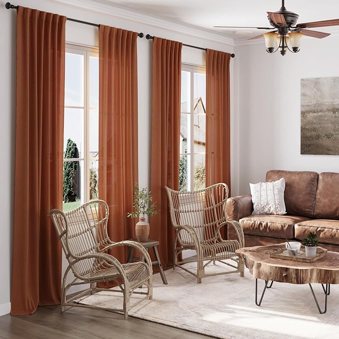 Terracotta Linen Curtains 102 inches Long 2 Panels for Living Room Extra Long Back Tab Semi Sheer Rustic Farmhouse Boho Curtains Ceiling to Floor Length 102 inch for Large Window Rust Colored