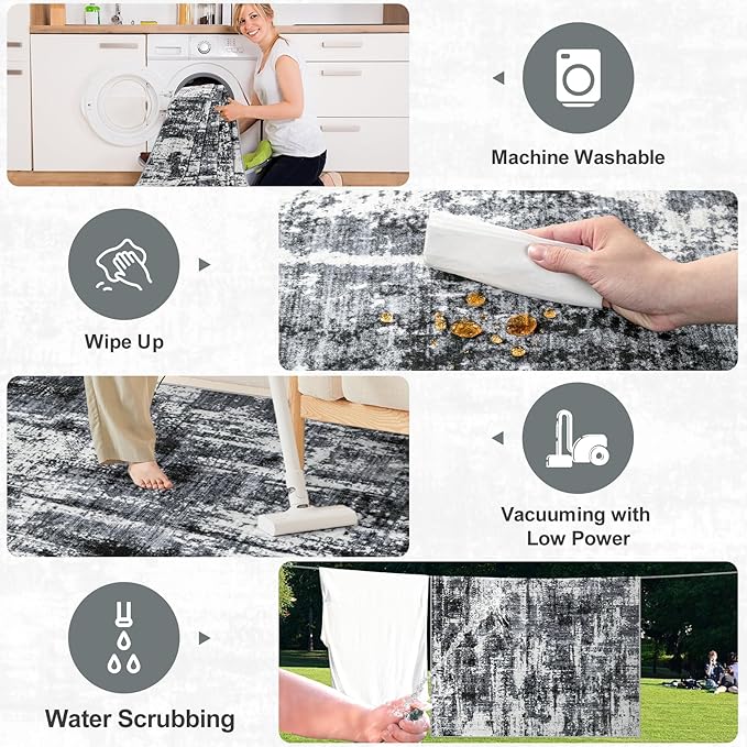 Area Rugs 9x12 Living Room - Washable Rug Modern Abstract Soft Large Neutral Non-Slip Carpet Indoor Floor Thin Carpets for Bedroom Dining Room Farmhouse Nursery Home Office Black
