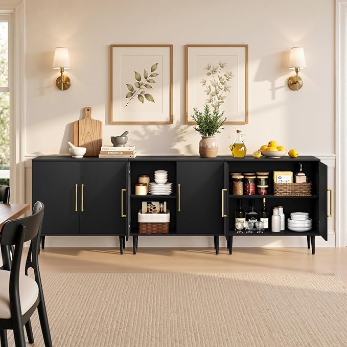 Set of 4 Black Storage Cabinet with Doors, Modern Accent Cabinet, Free Standing Cabinet with Adjustable Shelf, Wooden Buffet Sideboards for Living Room, Kitchen, Dining Room, Entryway