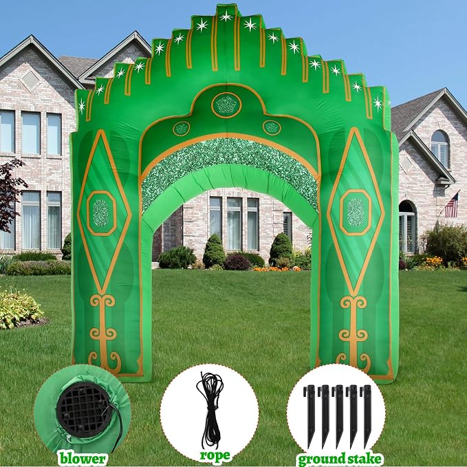 Preboun 10ft Inflatable Green Castle Emerald Green Castle Inflatables Arch Blow up Archway Built in LED Lights for Wizard Birthday St. Patrick's Fairy Tale Party Yard Garden Outdoor Decor