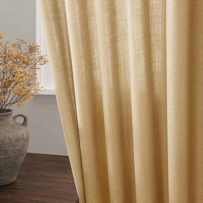 Extra Long Gold Yellow Linen Curtains 120 Inch for Living Room 2 Panels Set Rod Pocket Back Tab Linen Window Drapes Semi Sheer Light Filtering Privacy High Ceiling Drapes for Farmhouse 52x120