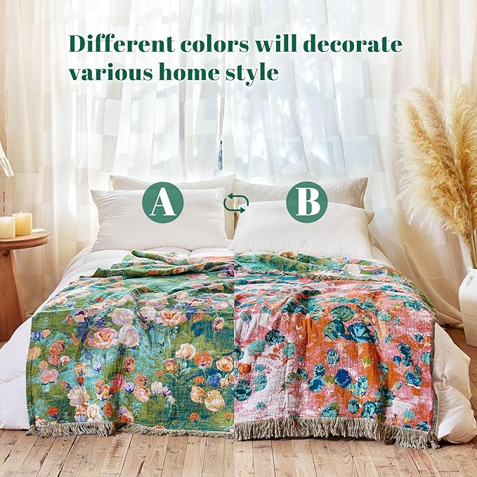 MSGKV Boho Throw Blanket for Bed Cotton Floral Twin Size Couch Blanket 60"x80" Muslin Spring Breathable Lightweight Farmhouse Blankets All Seasons