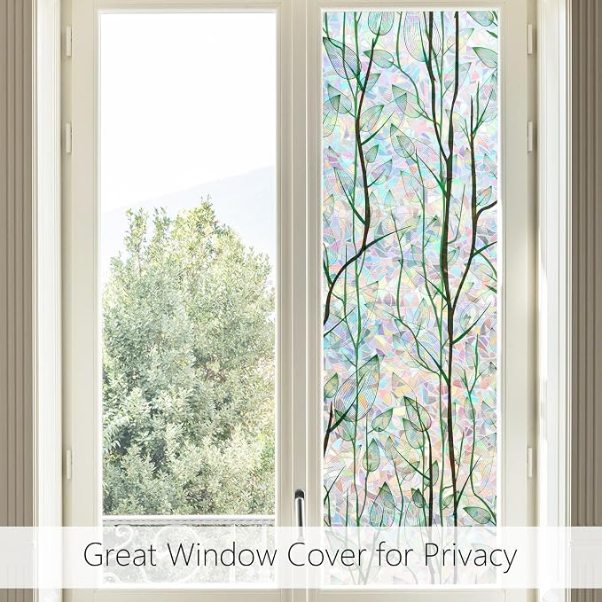 LEMON CLOUD Privacy Window Film 3D Stained Glass Window with Installation Tools,No Glue Static Cling Window Sticker,Decorative for Glass Door,Bathroom,Office and Home (Leaf Rainbow,35.4 x 157.4 Inch)