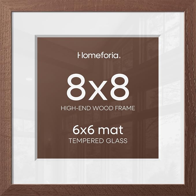Homeforia 8x8 Picture Frame Brown, High-End Dark Oak 8 x 8 Square Brown Wood Frame with Mat 6 by 6 for Art, 8by8 Wooden Walnut Poster Frame Matted to 6x6 inch Photo, Tempered Glass, Wall Kit, Set of 3