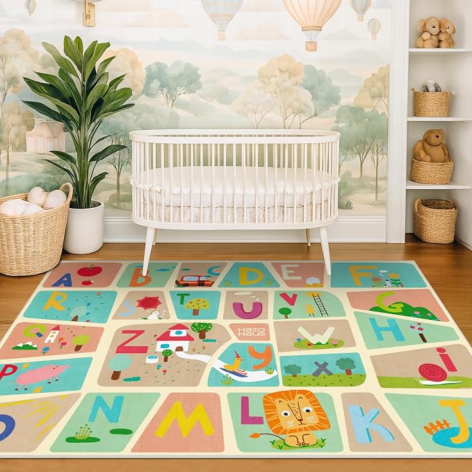 4x6 Preschool Kids Alphabet Rug – Washable ABC Learning Carpet for Toddlers, Educational Playroom Carpet with Fun Letters & Illustrations, Soft Nursery Rug for Reading, Craft, or Floor Play