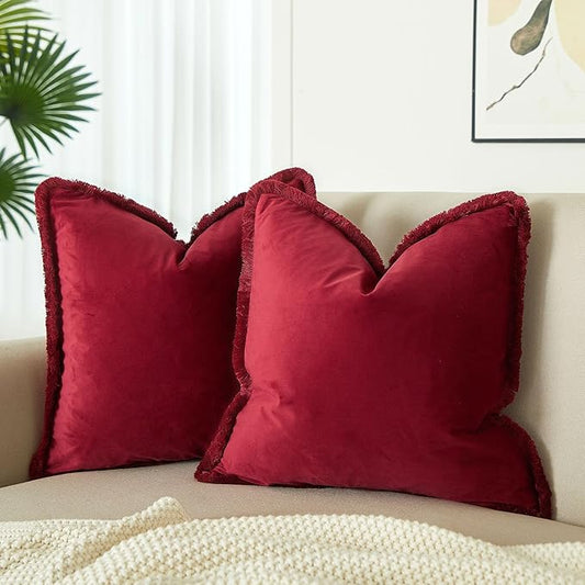 JUSPURBET Red Velvet Throw Pillow Covers 24x24 Inch Set of 2 with Soft Tassel Fringe Luxury Boho Pillowcase for Sofa Couch Bed Home Decor Machine Washable