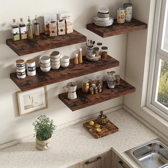 Vivelove 12" Deep Floating Shelves for Wall 36" Long, Wall Shelves for Bedroom Living Room Bathroom Kitchen Laundry Room, Farmhouse Rustic Shelves for Home Decor, 36" X 12" X 2" Set Of 2, Rustic Brown