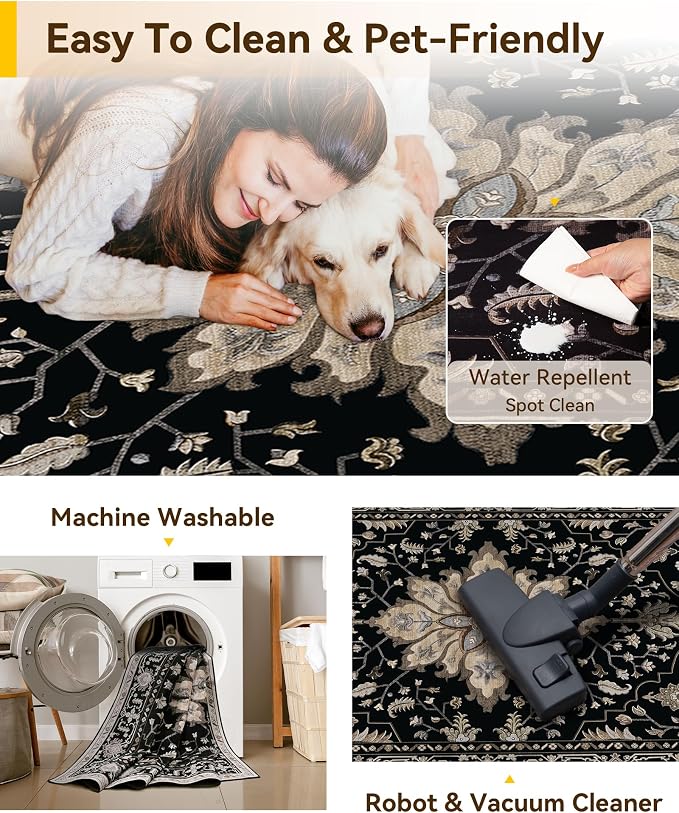 RELEANY Area Rugs Square 4ft Washable Non-Slip, Floral Vintage Distress Medallion Carpet for Living Room Bedroom Dining Room, Black Brown Neutral Dark Tan