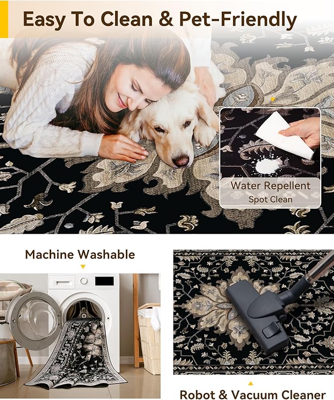 RELEANY Area Rugs 5'x7' Washable Non-Slip, Floral Vintage Distress Medallion Carpet for Living Room Bedroom Dining Room, Black Brown Neutral Dark Tan