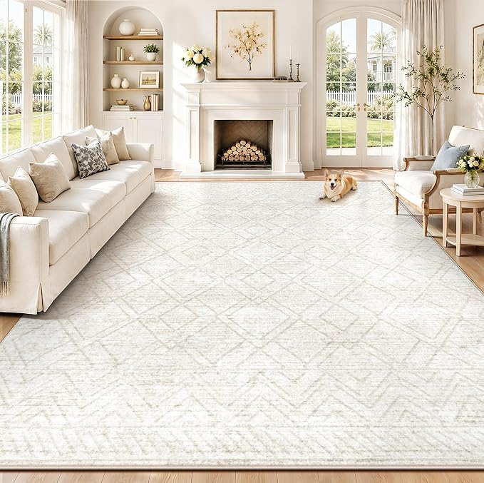 Area Rugs 8x10 Living Room Rug: Washable Geometric Neutral Rugs Boho Modern Non Slip Area Rug Large Soft Indoor Floor Low Pile Carpet for Bedroom Dining Room Home Office (Beige, 8'x10')
