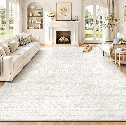 Area Rugs 8x10 Living Room Rug: Washable Geometric Neutral Rugs Boho Modern Non Slip Area Rug Large Soft Indoor Floor Low Pile Carpet for Bedroom Dining Room Home Office (Beige, 8'x10')