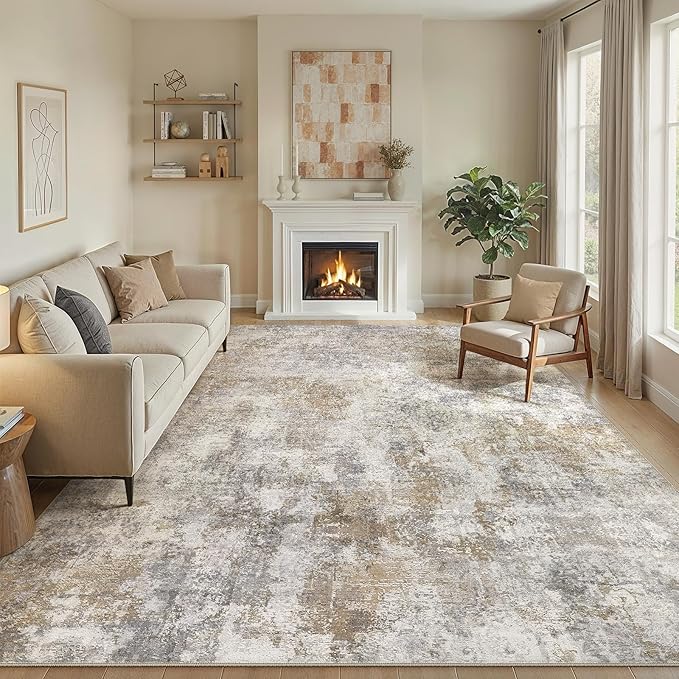 WITSHOCK Area Rugs 10x12 Living Room Rug - Washable Neutral Soft Low Pile Non-Slip Modern Abstract Thin Large Indoor Carpet for Bedroom Dining Room Nursery Office - Light Brown Grey