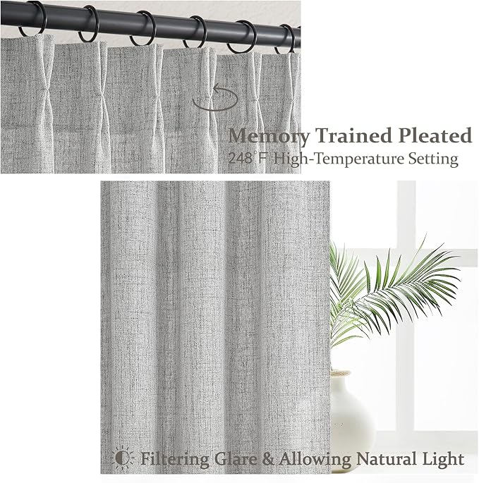 Light Grey Pinch Pleated 63 Inch Length Kitchen Window Curtains Over Sink 2 Panels Set, Memory Trained Light Filtering Semi Sheer Short Curtain Natural Linen Privacy Modern Drapes for Basement Decor