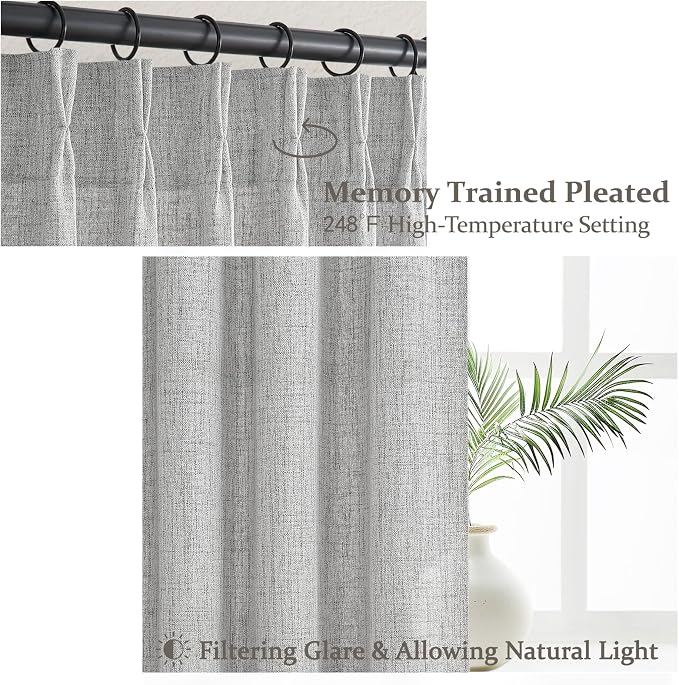Light Grey Extra Long Floor to Ceiling Sheer Linen Curtains 108 Inches Long for Dining Room 2 Panels Set, Country Memory Trained Pinch Pleated Curtain 9 FT Length Office Luxury Viral Drapes with Hooks