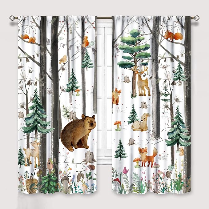 YCness Kid Forest Woodland Animal Fox Elk Bear Watercolor Print Curtains for Nursery Bedroom Living Room, Rustic Wild Animal Window Drapes 2 Panel Set, 72x63 Inch, Style-9