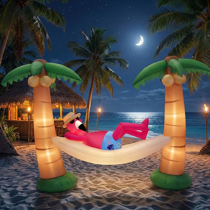 Summer Inflatable Outdoor Decor Flamingo in Hammock with Palm Trees 5 ft LED Lighted Inflatable Palm Trees Blow up Flamingo for Luau Hawaiian Tropical Jungle Party Pool Beach Yard Lawn Decoration