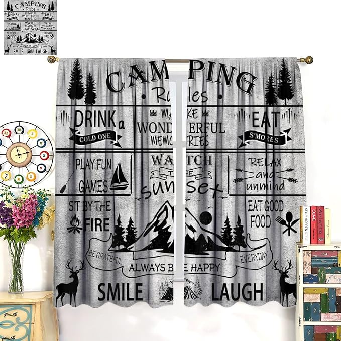 Farmhouse Camping Rules Blackout Curtains Vintage Rustic Vintage Farm Black and White Deer Mountain Adventure Forest Windows Treatments for Kitchen Farm Living Room Bedroom 52x84in