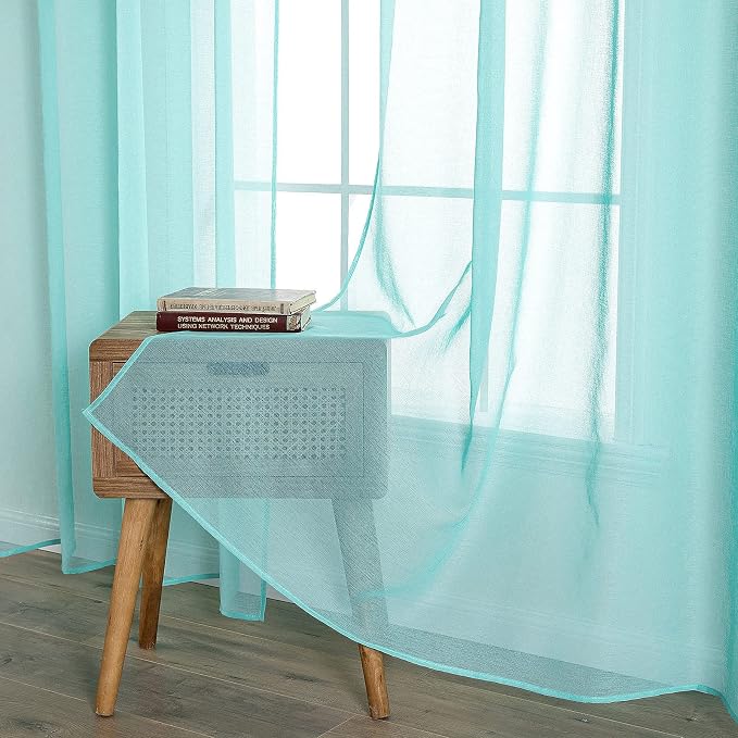 MIULEE 2 Panels Turquoise Semi Sheer Window Curtains 84 Inch Length Elegant Grommet Top Window Treatments Linen Textured Voile Drapes for Bedroom Living Room Aqua Blue Decor (37X84 Inches)