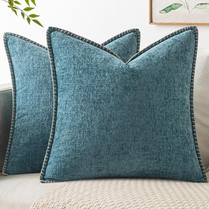 MIULEE Pack of 2 Couch Throw Pillow Covers 18x18 Inch Smoke Blue Farmhouse Decorative Pillow Covers with Stitched Edge Soft Chenille Solid Dyed Spring Pillow Covers for Sofa Bed Living Room