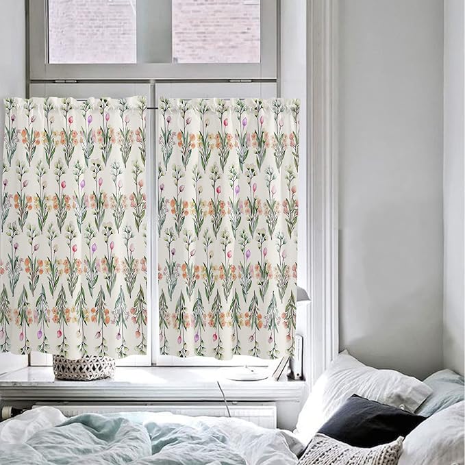 Kitchen Tier Curtains 54 inches Long, Vintage Flower Colorful Floral and Green Leaves Window Curtains for Living Room Bath,Rod Pocket Light Filtering Drapes Short Half Window Treatment Tiers 2 Panels