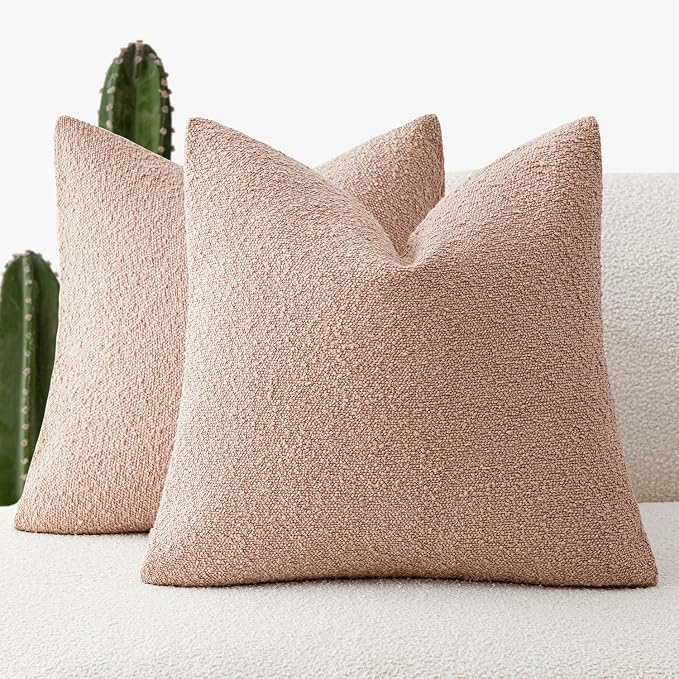 Foindtower Set of 2, Decorative Textured Boucle Throw Pillow Covers Accent Solid Pillow Cases Soft Cozy Couch Cushion Case for Chair Sofa Bedroom Living Room Home Decor 22 x 22 Inch Light Pink