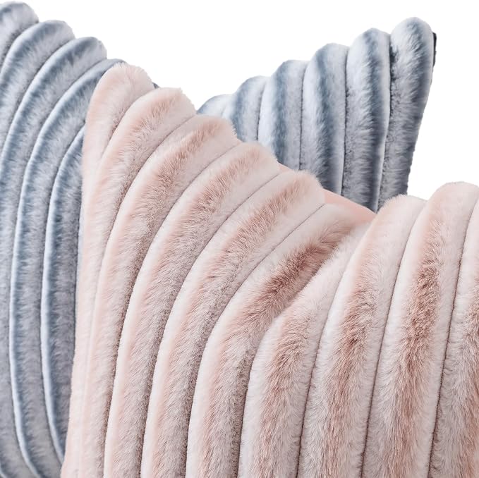 decorUhome Fall Cozy Faux Fur Throw Pillow Covers 26x26 Set of 2 Decorative Plush Striped Modern Farmhouse Boho Couch Euro Sham Pillow Cases with Velvet Back for Sofa Bed Living Room, Pink White