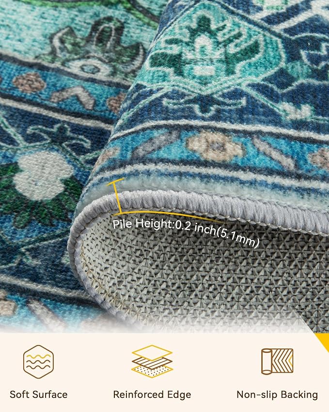 RELEANY Area Rugs Round 7ft Washable Non-Slip, Floral Vintage Distress Medallion Carpet for Living Room Bedroom Dining Room, Teal Green Lake Blue Turquoise