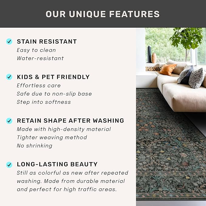 Dark Green 2x4 Rug Runner, Entryway Rugs, Small Runners for Kitchen, Door Mat Indoor Entrance, Bathroom, Non-Slip Low-Pile Washable Stain Resistant, Vintage Floral Design