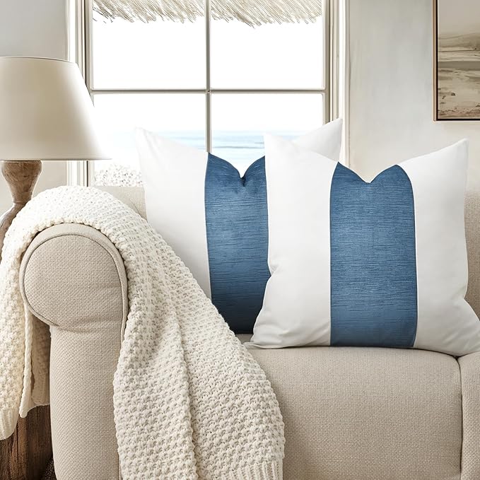 EVERGRACE x Kinsey Walsh Signature Velvet Panel Cotton Pillow Covers Set of 2, Decorative Pillow Covers 20"x20" for Couch, Square Cushion Cases for Sofa Bedroom Living Room, Blue Topaz